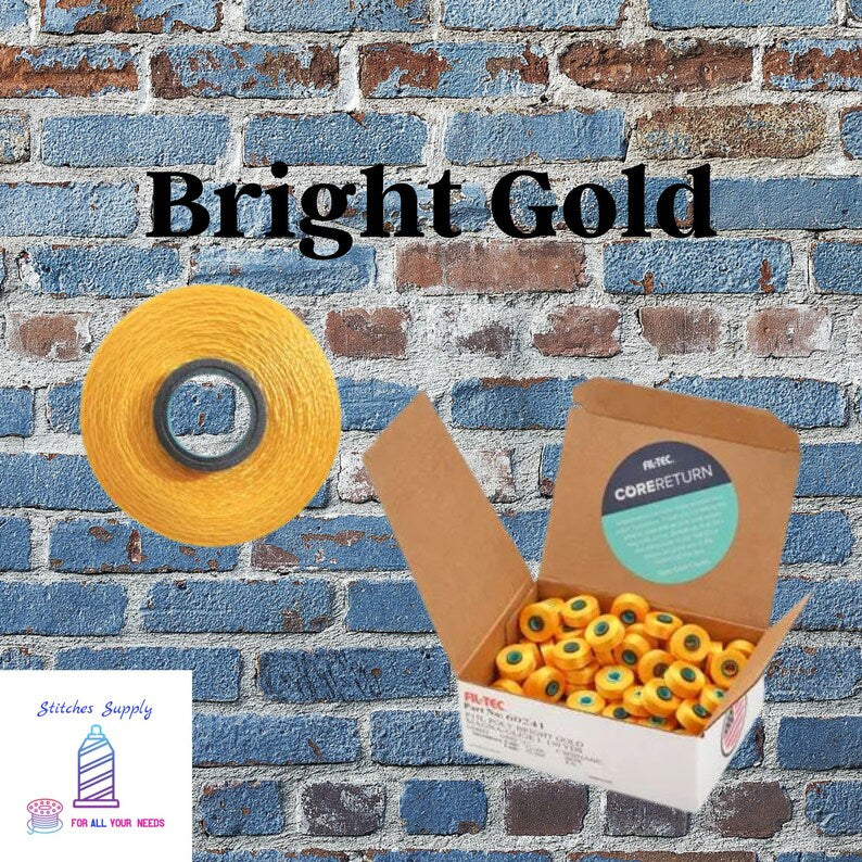Gold Colored Machine Embroidery Bobbins, Bright Gold Fil-Tec Magnetic Bobbins Made in USA, Style L: fits Brother & Baby Lock Machines